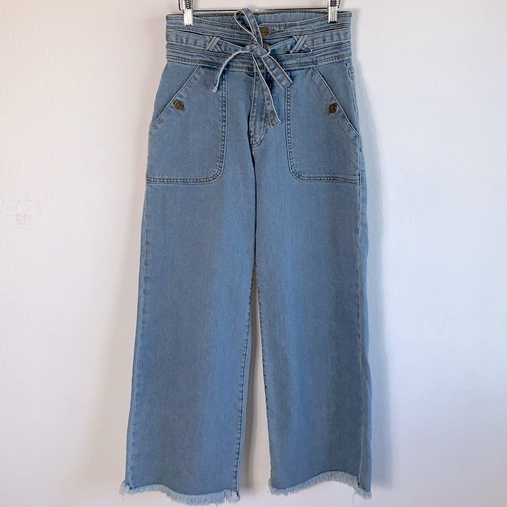 Lola Jeans Reese High Rise Belted Paper Bag Cropped Wide Leg Raw Hem Jeans Sz 27